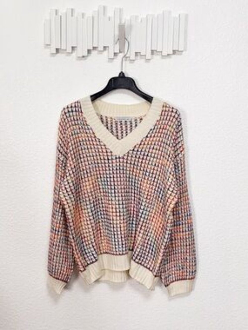 NWOT Miss Sparkling Multicolor Rainbow Marled Open Knit V Neck Oversized Sweater - Picture 2 of 6